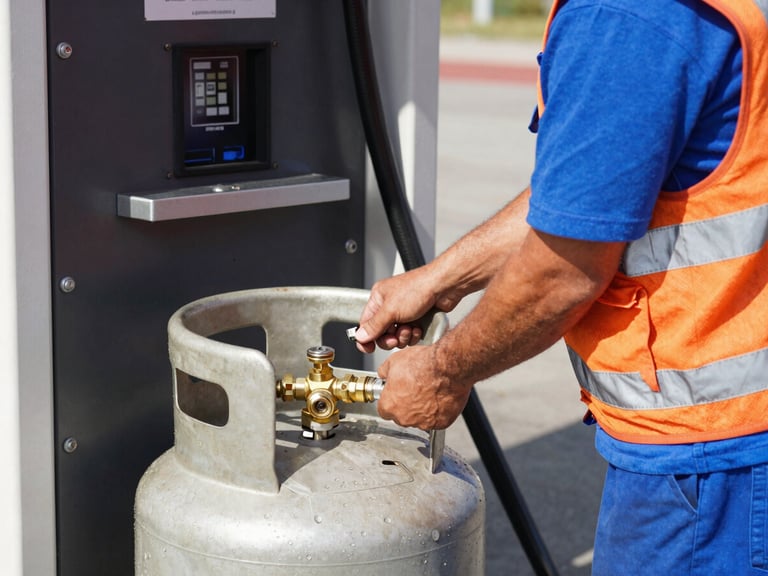 Close-up of a uniformed technician in high-visibility gear safely performing a propane tank fill up for a residential grill cylinder at a drive-up station, brass valves visible, bright midday sun.