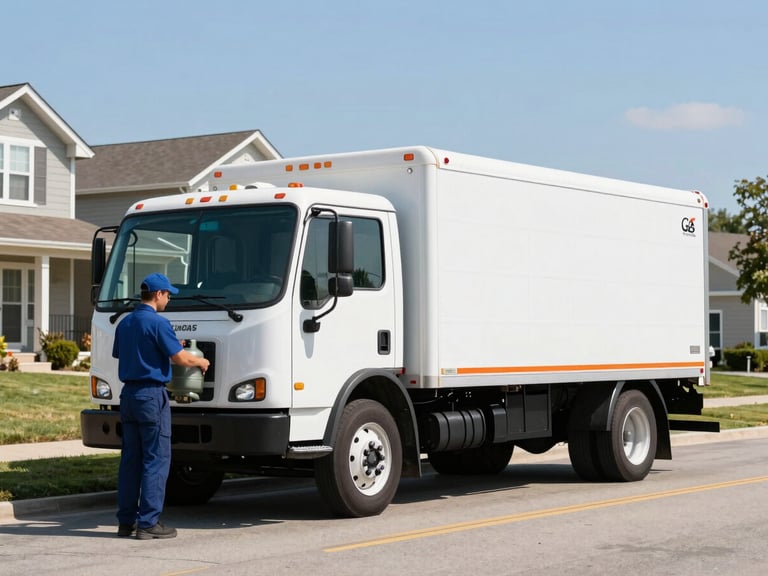 Professional AmeriGas delivery truck parked on a clean suburban street, technician delivering a propane tank to a residential home, bright midday sun, eye-level medium shot.