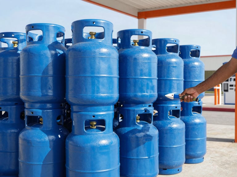Eye-level medium shot of neatly stacked blue AmeriGas propane cylinders at an exchange station, a customer exchanging a tank, under bright, clear midday sun.