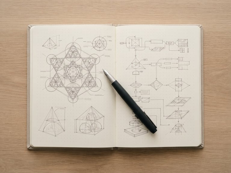 Overhead flat-lay of an open linen notebook with precise hand-drawn diagrams, a sleek fountain pen, soft natural morning light, warm beige tones, minimalist editorial composition