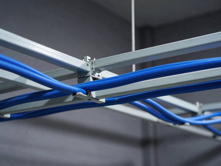 Clean industrial warehouse interior showing structured overhead cable trays with neatly organized blue ethernet lines
