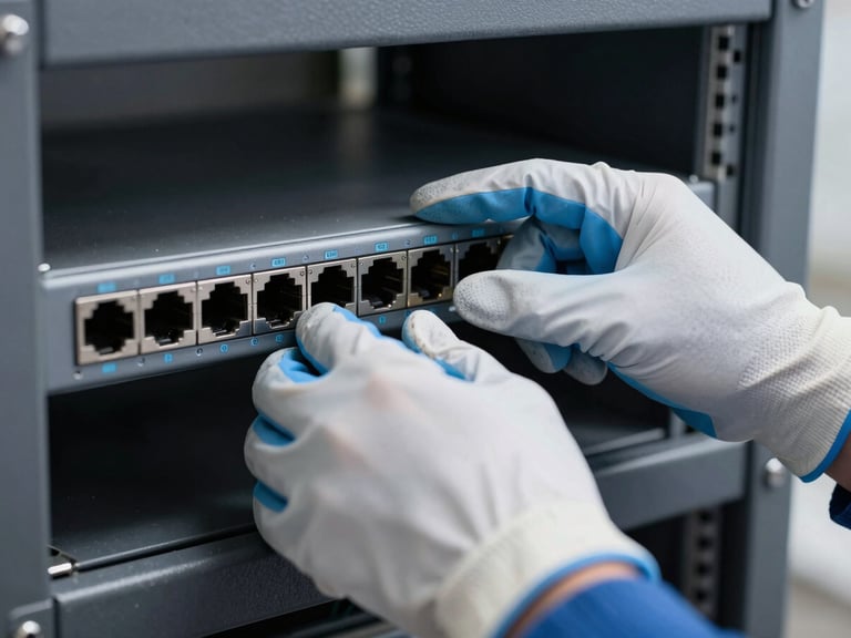 Close-up of a technician's hands wearing static-safe gloves adjusting a high-performance network switch in a graphite rack