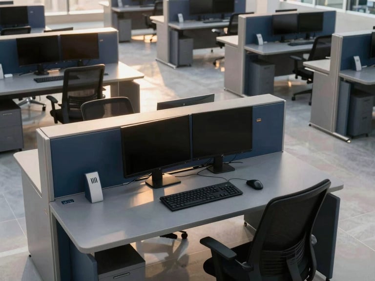 Wide environmental shot of a modern clean-desk digital workspace in Doha, high-angle architectural lines, crisp natural daylight with subtle golden-hour highlights on metallic surfaces, 35mm