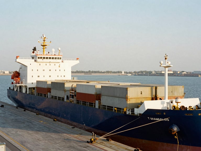 High-angle architectural shot of heavy cargo ships docked at Hamad Port, crisp daylight, metallic gold highlights, 35mm