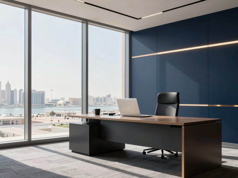Clean modern corporate workspace in Doha, sunlight streaming through large windows, high-contrast professional setting, 35mm