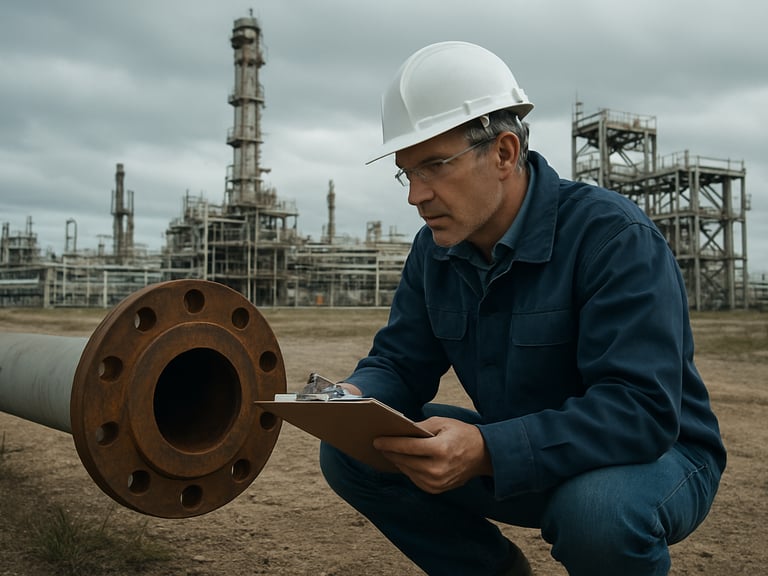 Wide landscape — QC inspector crouched at eye level with a pipe flange on a refinery site, clipboard in hand, overcast Eastern Province sky overhead, scaffolding structure visible in mid-ground, natural cool daylight, no studio lighting