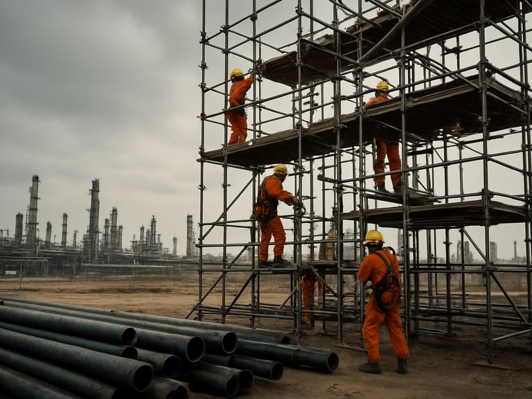 Wide environmental shot of a scaffolding crew mid-assembly on a large industrial structure, overcast daylight, workers in PPE at multiple levels, steel pipe and fittings in foreground, Al Jubail refinery infrastructure visible in background distance