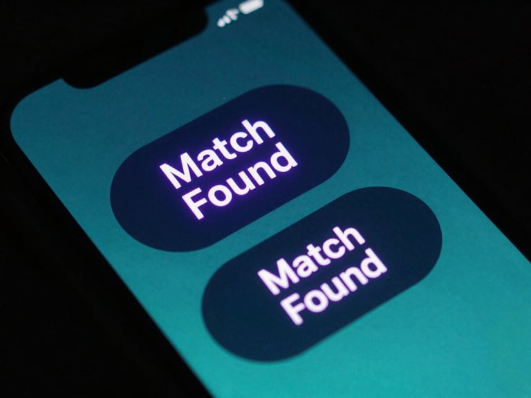 Close-up of a smartphone screen displaying a neon purple 'Match Found' notification with two overlapping circular item cards, high-contrast tech aesthetic, moody ambient lighting