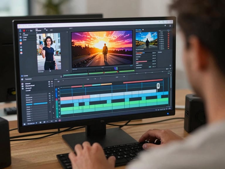 Over-the-shoulder shot of a modern video editor working on a high-energy mobile reel timeline, vibrant screen glow, professional editing software interface visible