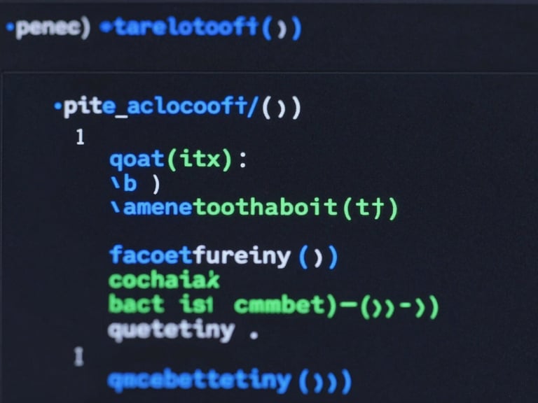 Macro close-up of a modern code editor with clean syntax highlighting in neon electric blue and cyber green, dark mode aesthetic, minimalist composition.