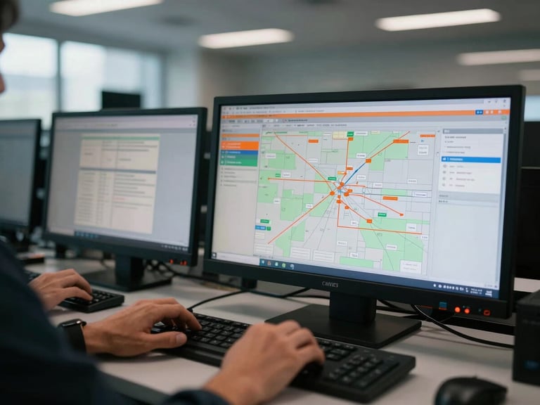Close-up of a dispatcher's hands on a computer screen in a clean, modern office dispatch center, showing a logistics tracking map, focused and precise, hard morning sunlight.