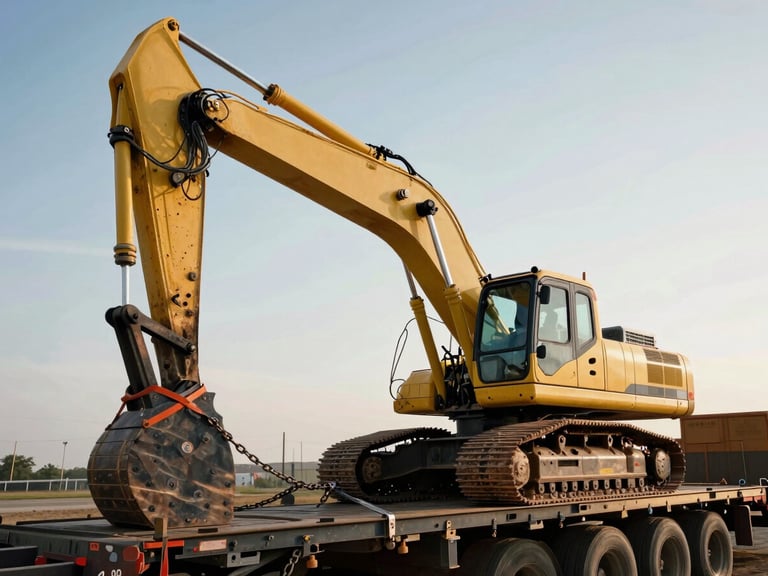 Low-angle heroic shot of a yellow excavator being secured onto a heavy-haul flatbed trailer under hard morning sunlight, showing robust chains and tie-downs, high-contrast slate and safety orange tones.