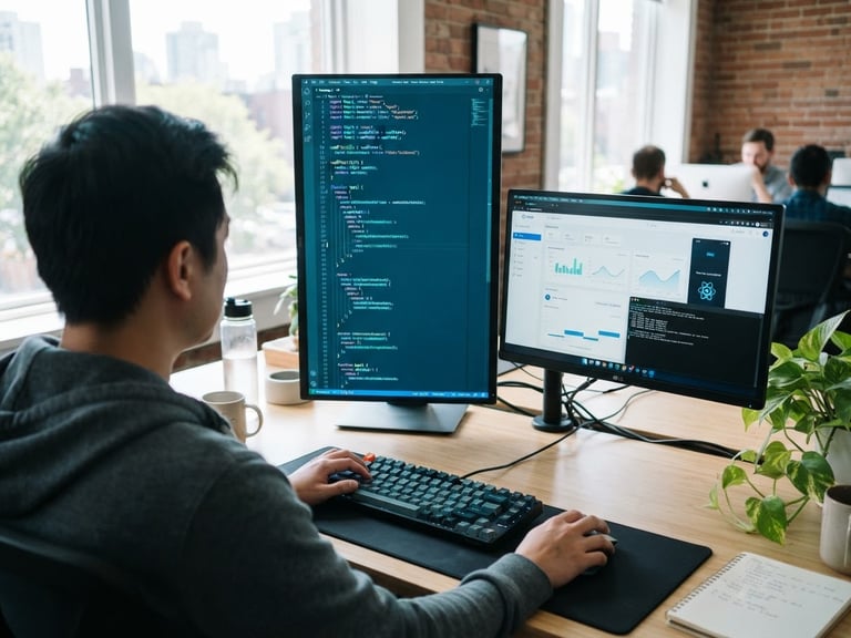 Over-the-shoulder view of a clean developer workspace in bright daylight, active IDE showing React code on a vertical monitor, cool blue tones