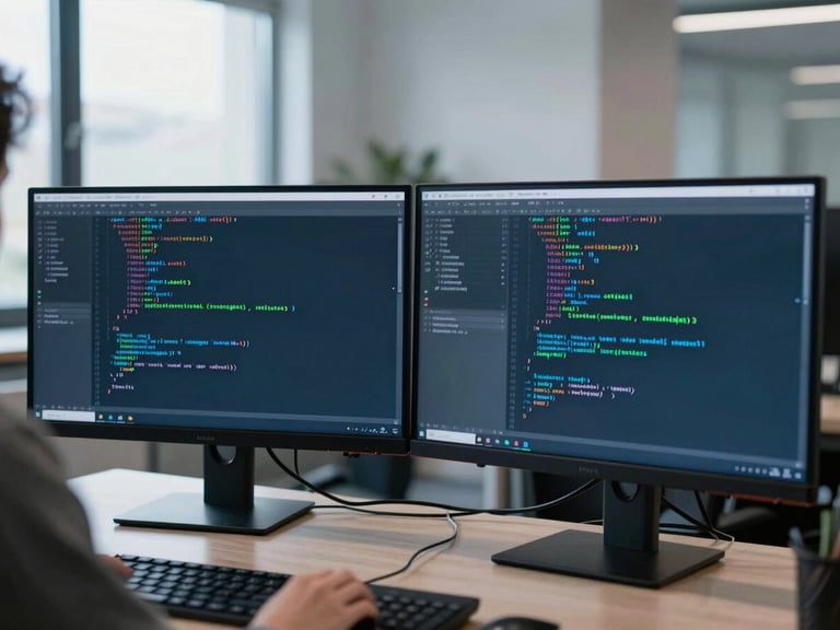 Over the shoulder view of a developer workspace, dual monitors displaying clean React code in an IDE, soft cool blue and green monitor glow, modern office background, sharp focus, 35mm lens.