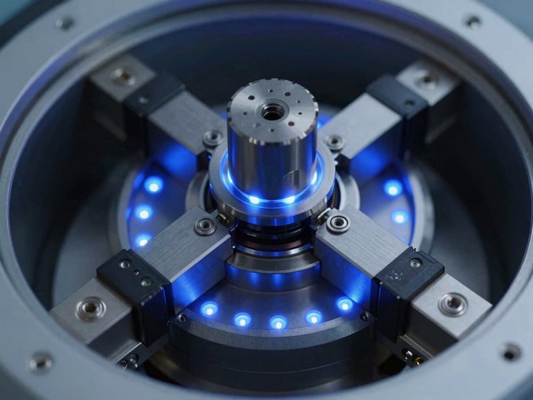 Macro industrial photograph of a high-precision optomechanical assembly inside a vacuum chamber, cool blue LED highlights, sharp focus on metallic joints