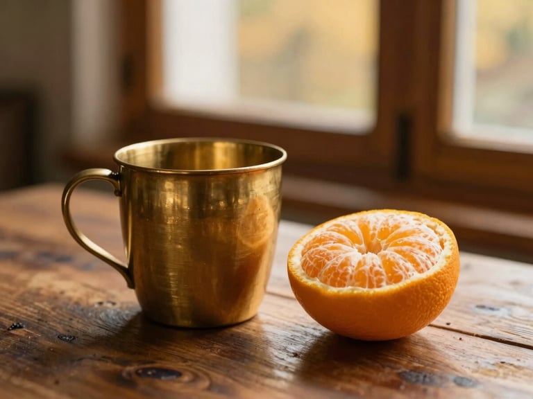 A hand-burnished solid brass cup sitting next to a half-peeled orange on a rustic wooden table, warm golden-hour window light, shallow depth of field
