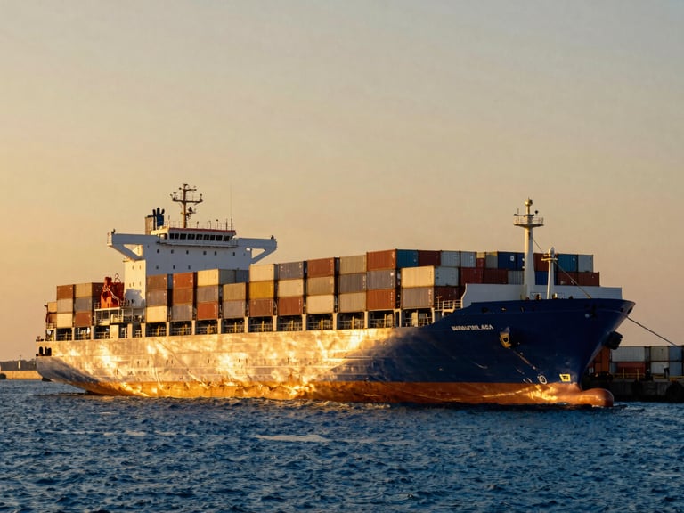 Wide panoramic shot of a massive container vessel docked at Jebel Ali port during golden hour, deep blue waters, amber sunset skies, sharp focus, 35mm lens.