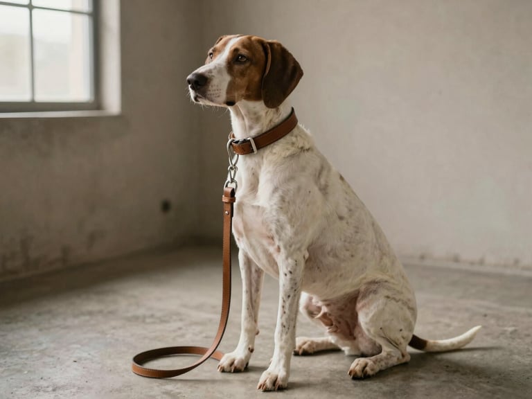 A handsome pointer dog sitting alertly next to a premium leather collar and lead set on a concrete floor, soft side lighting, warm tones.