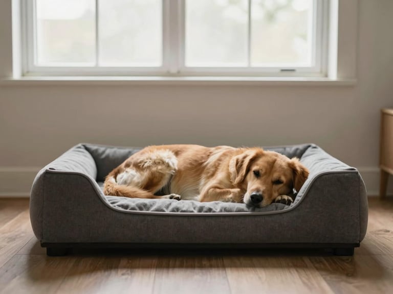 A sleek, minimalist orthopedic pet bed in a modern living room with a dog comfortably resting on it, soft natural window light, muted earthy tones.