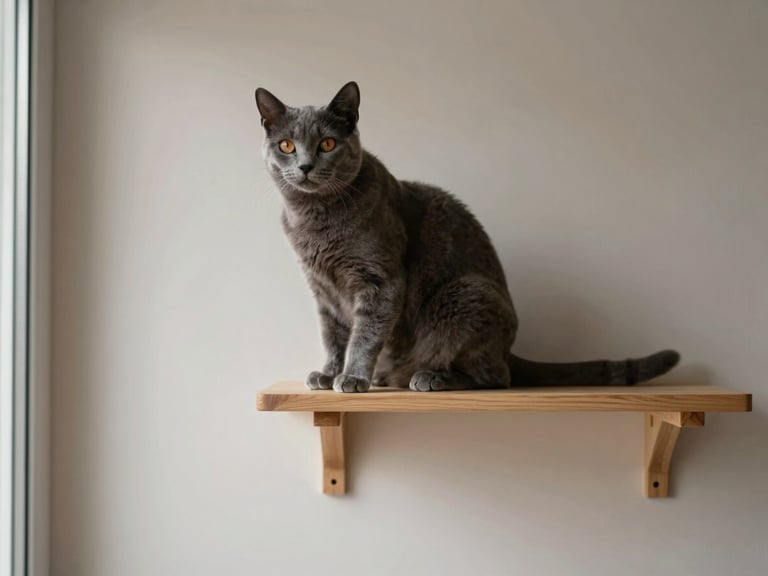 A sleek grey cat perched on a minimalist light wood wall-mounted shelf, clean plaster wall background, soft natural light.