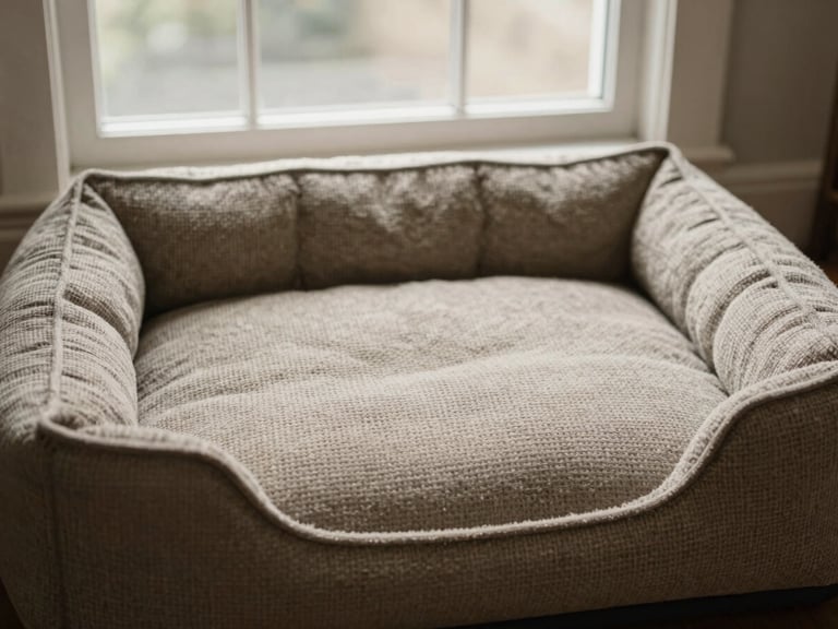 Overhead flat-lay of a luxurious, neutral-toned orthopedic dog bed with a woven texture, sun shining through a window, soft natural window light, muted earthy tones, shallow depth of field, 35mm lens.