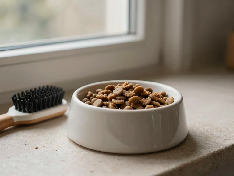 A sleek, minimalist ceramic dog bowl filled with high-quality kibble, next to a stylish grooming brush on a stone surface, soft natural window light, muted earthy tones, shallow depth of field, 35mm lens.