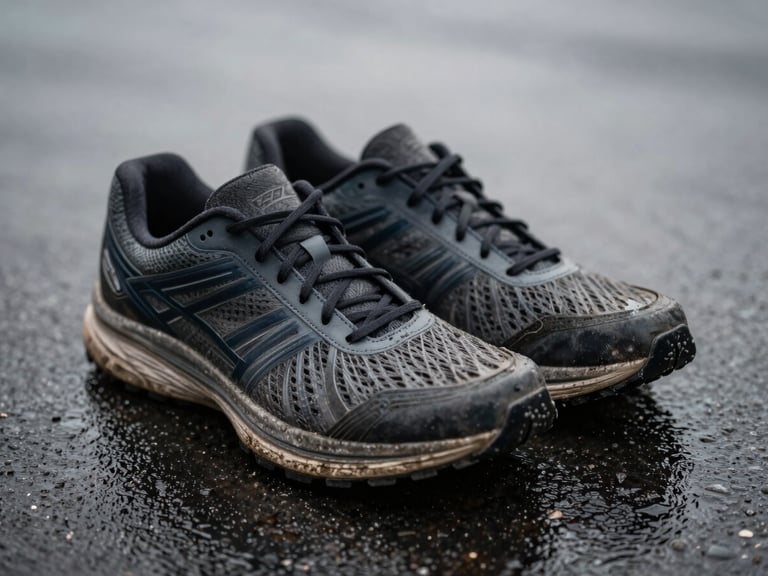 Close-up of worn running shoes resting on wet asphalt, early morning overcast light, high-contrast shadows, desaturated tones.