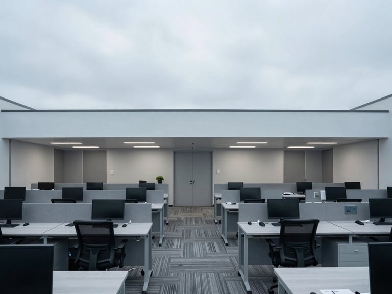 Wide-angle architectural photograph of a highly organized, modern professional workspace in Orem, cool overcast daylight, clean lines, neutral gray and muted blue tones