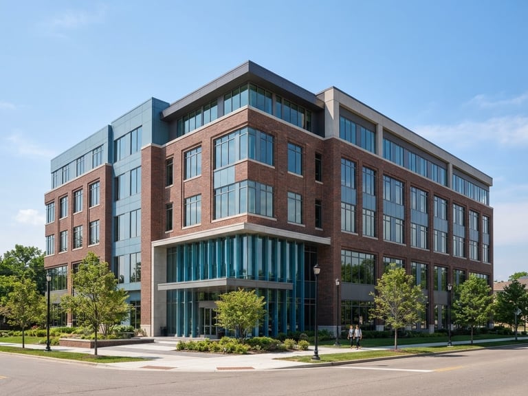 Crisp architectural photography of a modern brick office building in Birmingham Michigan, bright natural daylight, clean neutral tones with subtle blue accents, sharp focus, 35mm lens