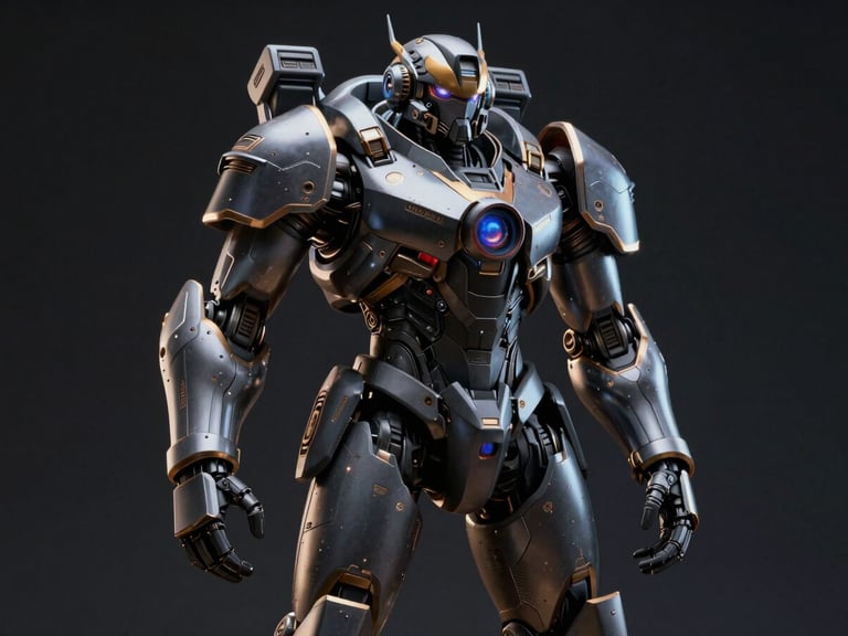 Cinematic 3D render of a futuristic heavy armored mech warrior, dramatic rim lighting, deep ink background, ultra-sharp details, octane render, 85mm lens