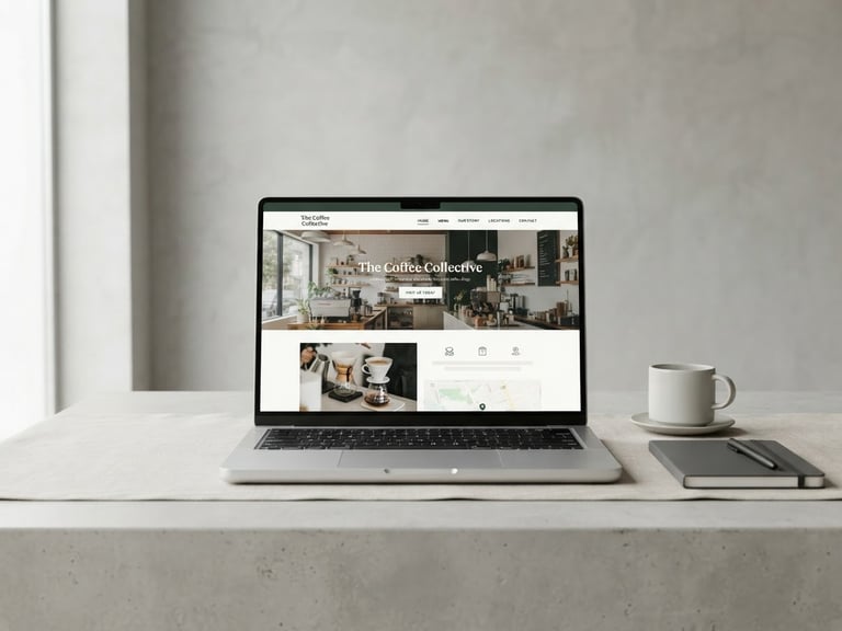 Minimalist workspace with a clean laptop displaying a local business website mockup, soft natural shadows, bright studio lighting, neutral grey background