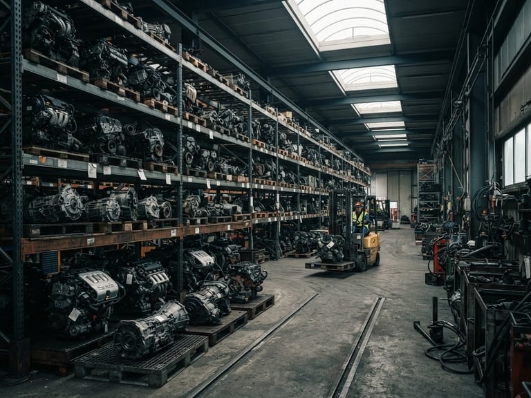 Wide-angle industrial photograph of an organized automotive dismantling warehouse, metal shelves stacked with sorted engines and gearboxes, forklift in background, cinematic low-key lighting.
