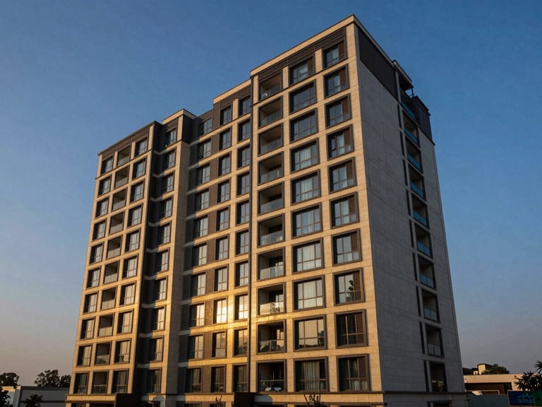 High-angle architectural exterior of a modern luxury apartment building in Gurugram at dramatic twilight, deep blues and warm gold accents, wide-angle lens, sharp focus