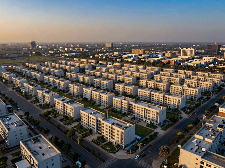 Aerial view of a planned residential plot development in Gurugram at golden hour, low horizon, emphasizing structured grid alignments and green spaces, wide-angle lens, sharp focus