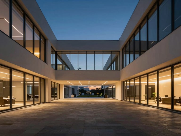 Wide-angle interior shot of a modern, high-end commercial office space with large windows and minimalist design, dramatic twilight lighting, deep blues and warm gold accents, sharp focus