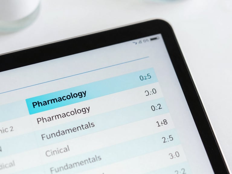 A close-up of a tablet screen showing personalized study recommendations, with clinical categories like Pharmacology and Fundamentals highlighted, bright clean studio lighting.