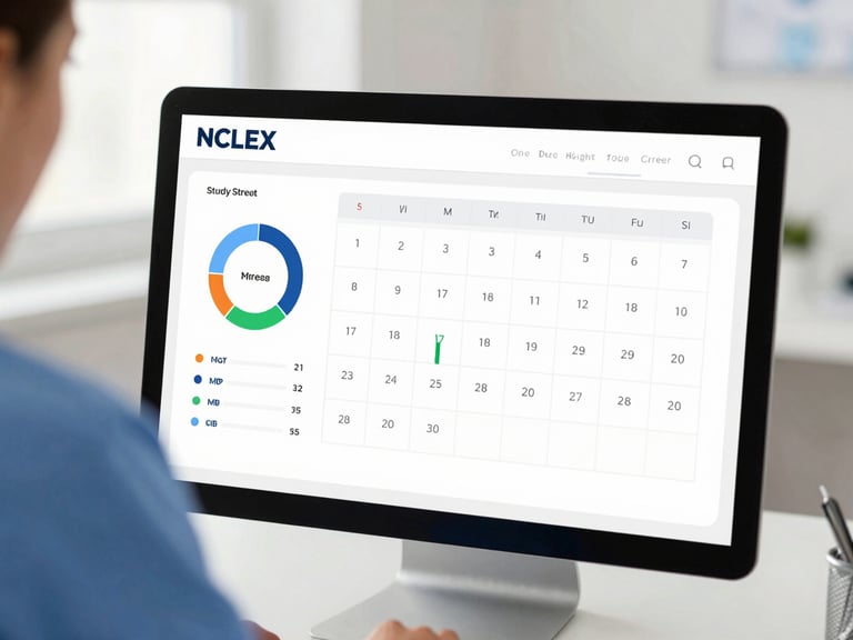 A direct screenshot of a clean nursing student dashboard with colorful progress rings, study streak calendar, and an NCLEX readiness meter, soft daylight.