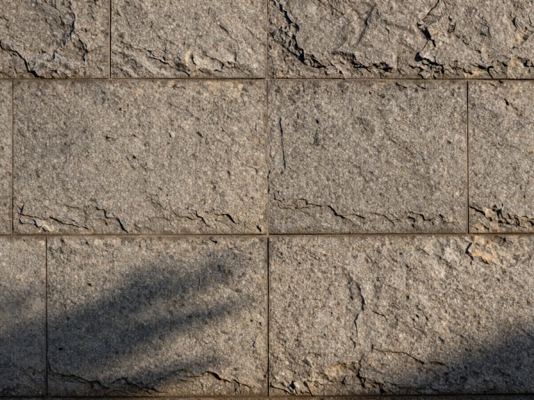 Straight-on architectural elevation of a hand-chiseled granite stone wall, tight uniform joint lines, low-sun golden hour casting deep shadows
