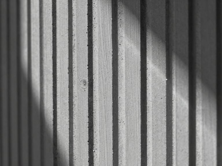 Extreme close-up of cured board-formed concrete texture, vertical wood grain lines, high-contrast raking light, sharp architectural detail