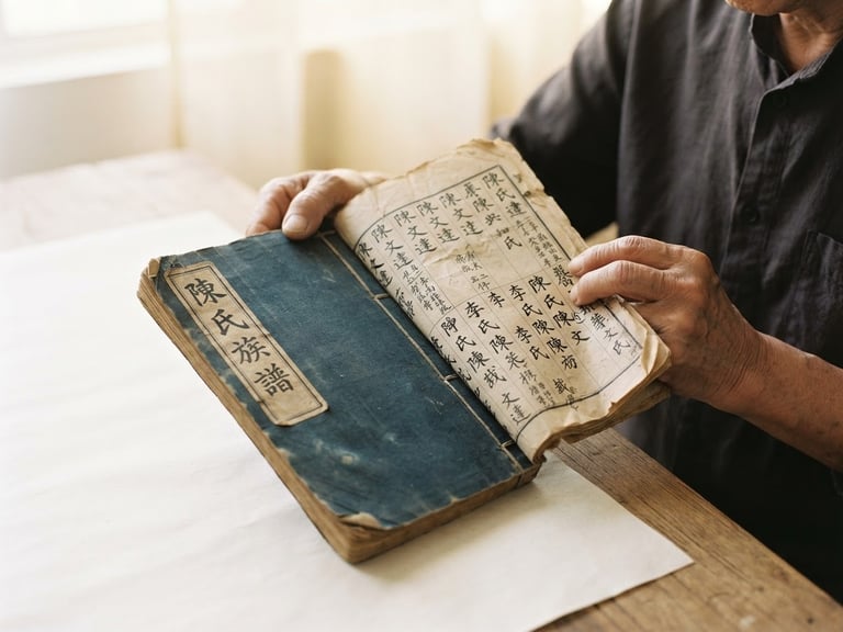 Warm editorial photograph of hands carefully holding a preserved historical Chinese clan record book, soft natural morning light, 35mm film aesthetic