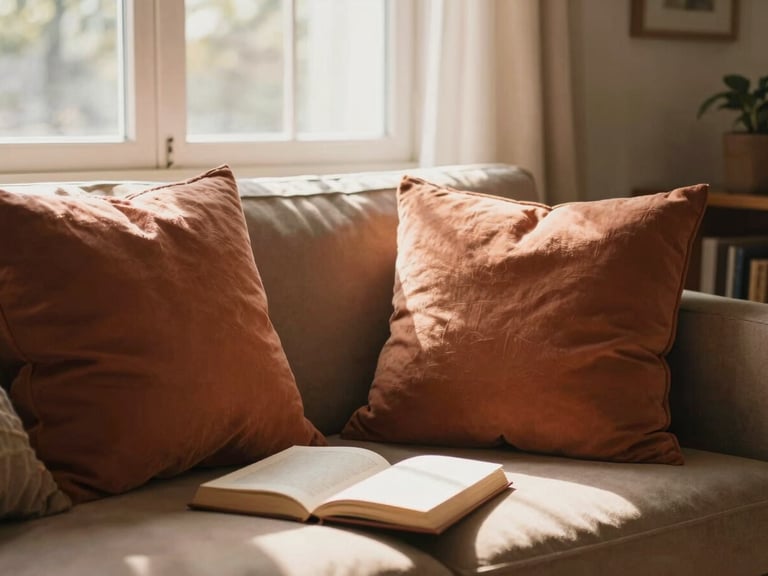 A warm, sunlit living room with soft terracotta cushions, a quiet corner with a book, soft morning window light, cozy editorial photography, 35mm