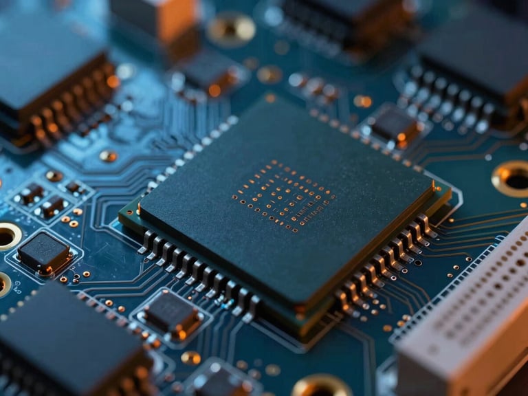Macro photography of an industrial electronic circuit board, cool laboratory lighting with blue and orange highlights, sharp focus on microprocessors and clean solder joints.