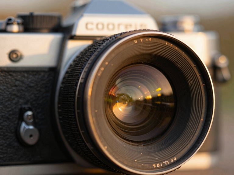Close-up of a vintage film camera lens with warm golden hour light reflecting, shallow depth of field, tactile details, 35mm.