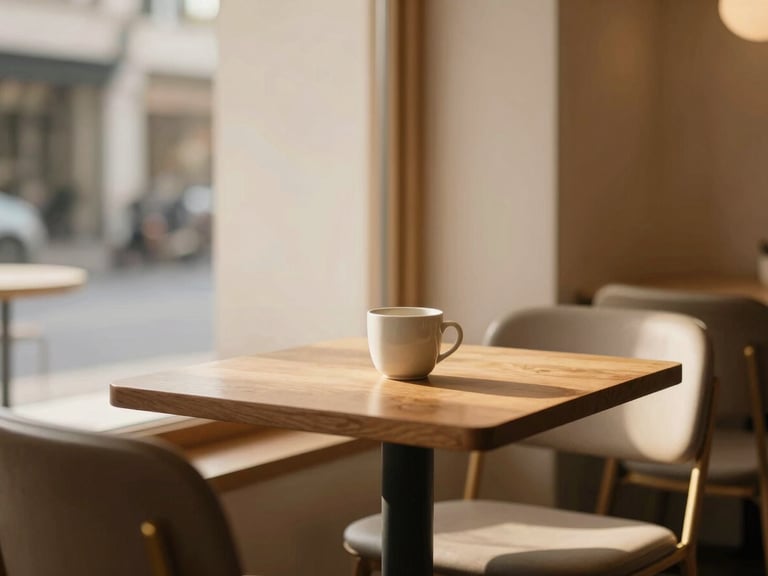 Interior of a minimalist cafe, soft warm light filtering through windows, a single ceramic cup on a wooden table, empty chairs, inviting atmosphere.