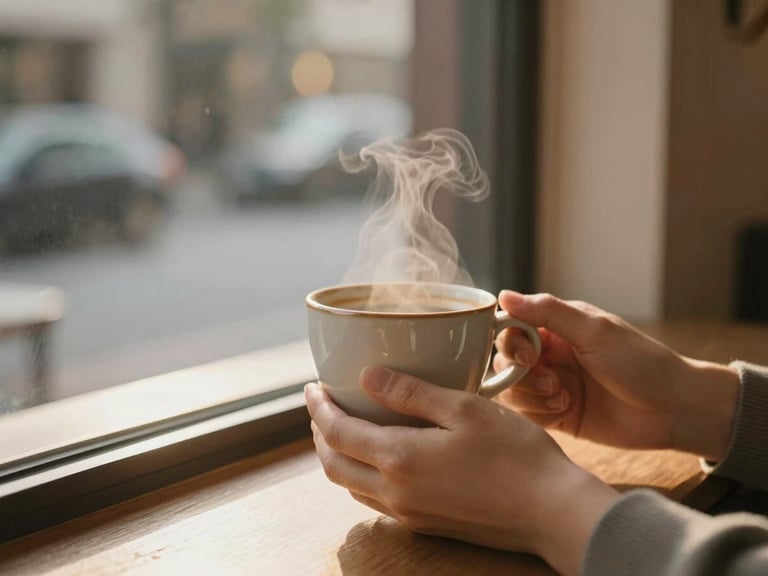 Hands gently holding a ceramic coffee cup with steam rising, warm light filtering through a cafe window, tactile and inviting, golden hour.