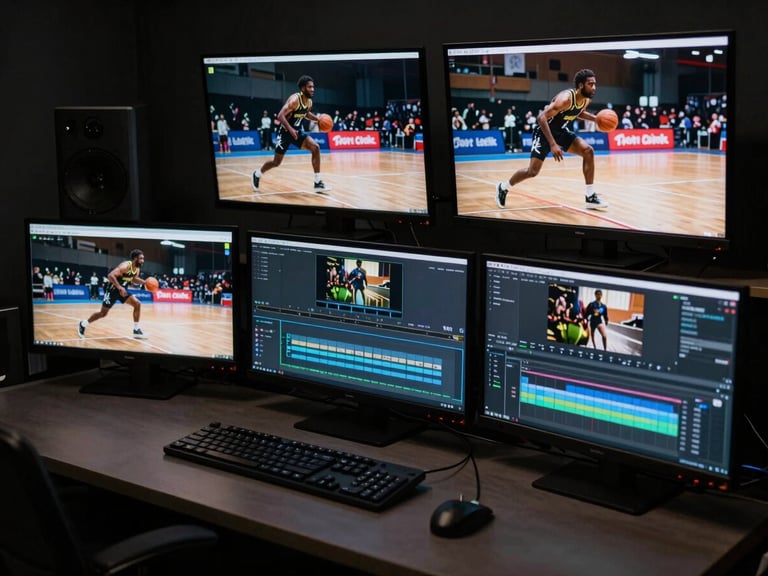 Cinematic video editing suite in dark room, high-end monitors displaying high-contrast athletic action, soft glow from screens.