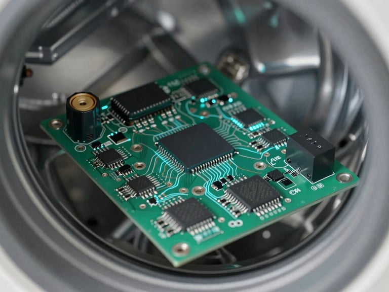 Macro shot, high-fidelity technical render of an integrated IoT sensor board within a commercial washing machine, showing microchips and connection points, subtle electric cyan glow, cool studio lighting, sharp focus.