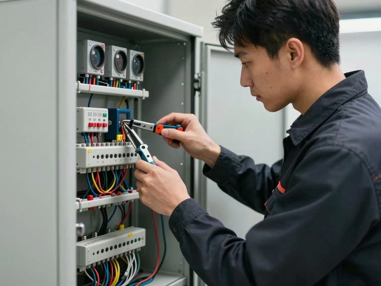 A professional technician wearing a dark uniform, checking the wiring of an open security control panel with precise tools, natural daylight.