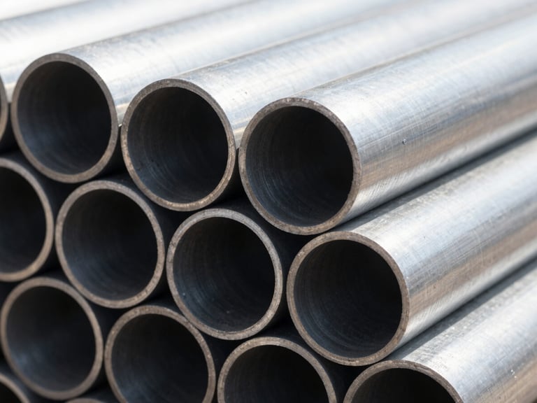 Close-up macro photography of stacked industrial steel pipe profiles, bright natural daylight highlighting metallic circular edges, high contrast, 35mm lens.
