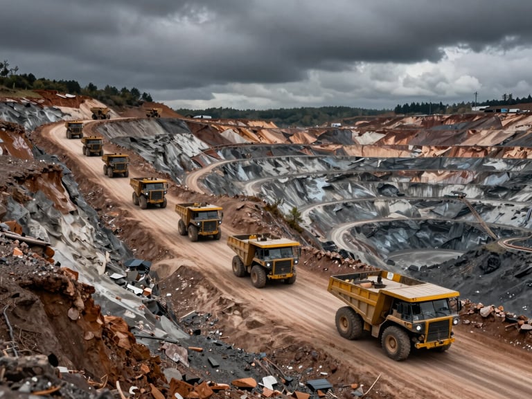 Wide environmental shot of a deep-pit copper mine under a dark overcast sky, massive haul trucks climbing terraced dirt roads in the distance